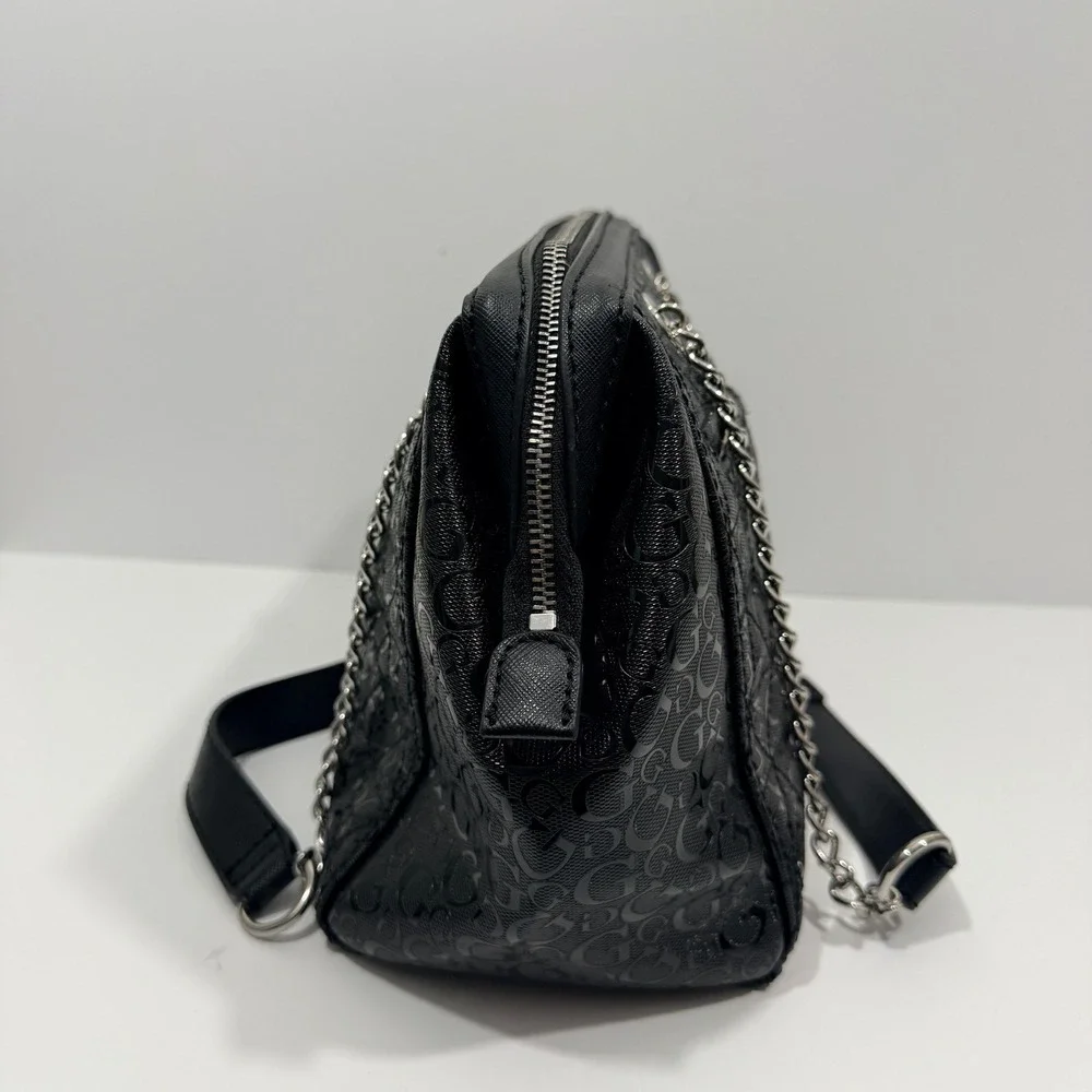 Guess Satchel Handbag Women Large Black Good Logo Embossed Chain Strap G-001